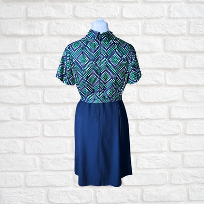 Vintage 70s Navy Blue, Green and White Geometric Print Dress with Tie Neck and Matching Belt . Approx UK size 14-16