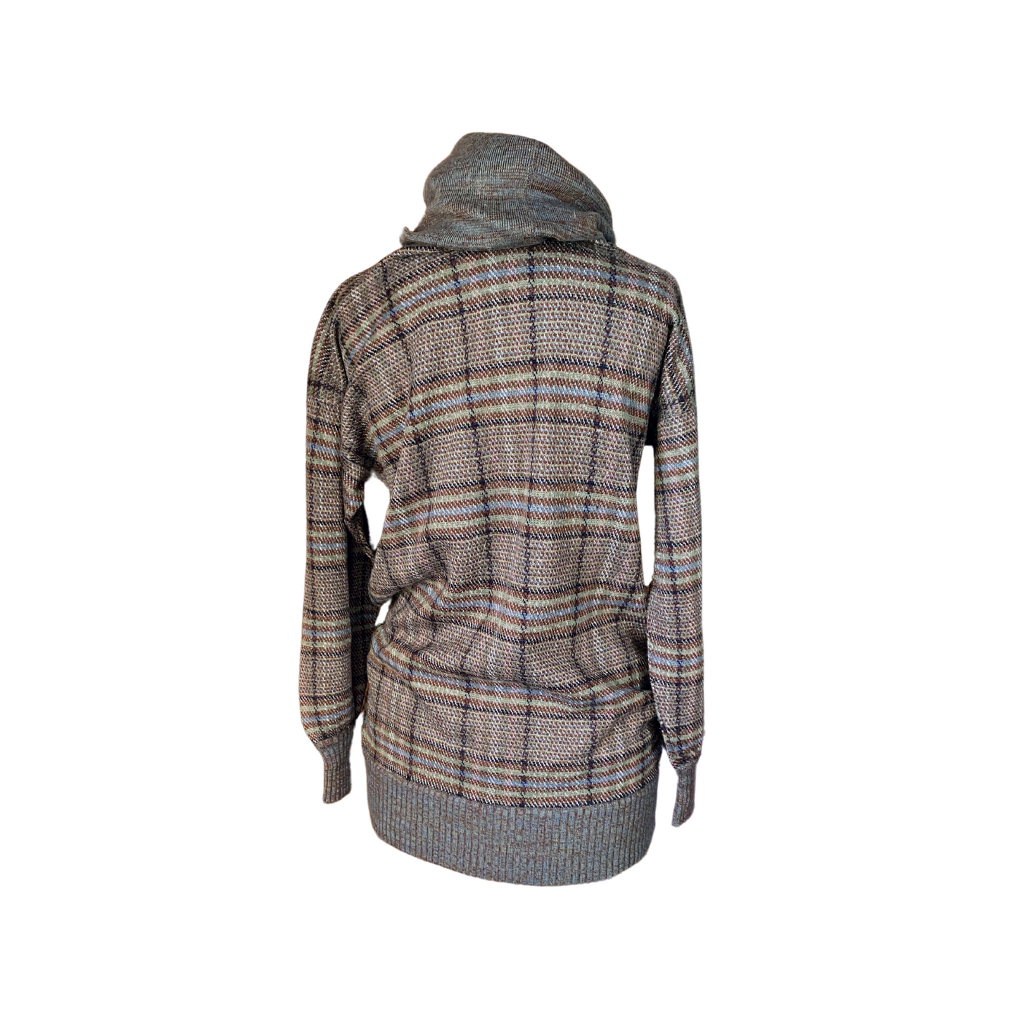 long-sleeved soft wool jumper with a unique checked and striped design in earthy tones - back view 