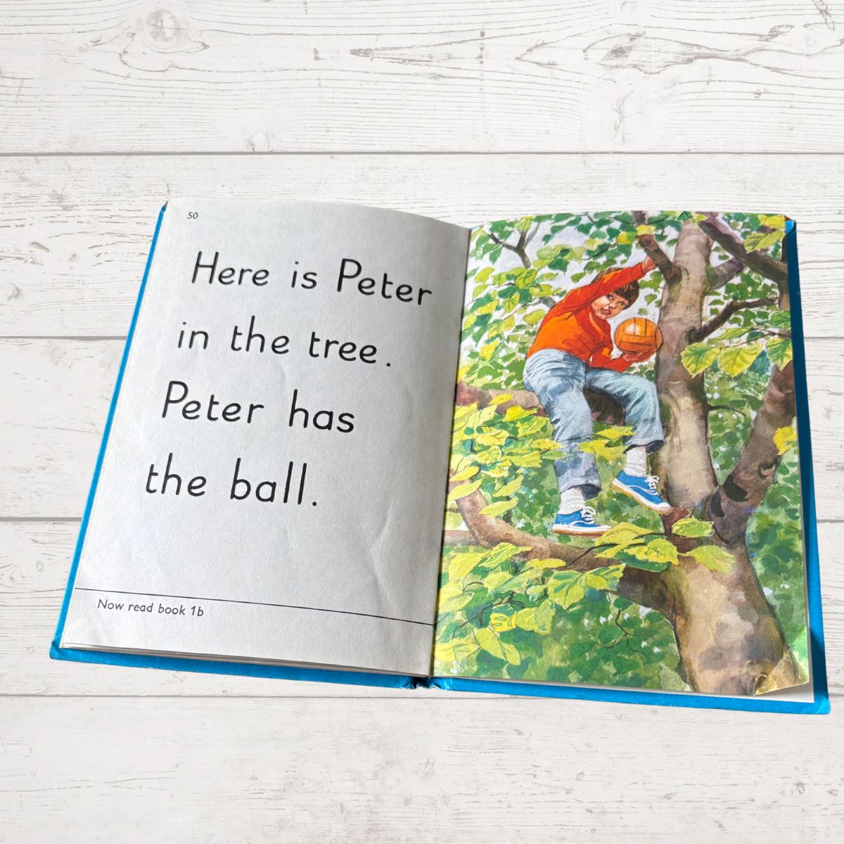 Open book with a child in a tree and text on a wooden surface