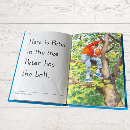 Open book with a child in a tree and text on a wooden surface