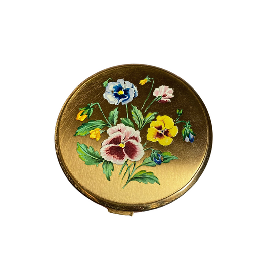 1950s vintage Melissa gold tone powder compact with colourful floral design 