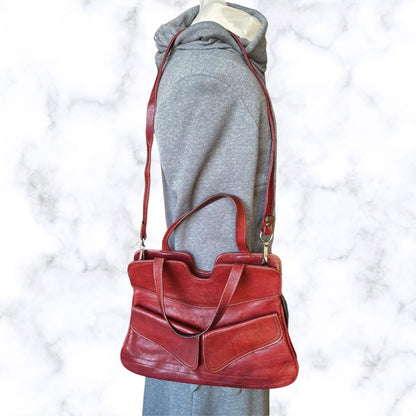 70s Dark Red Leather Vintage Shoulder / Top Handle Bag with Detachable Strap