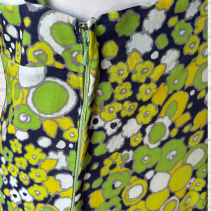 Close-up of a garment with a colorful floral pattern and zipper.