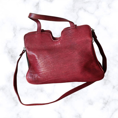 70s Dark Red Leather Vintage Shoulder / Top Handle Bag with Detachable Strap