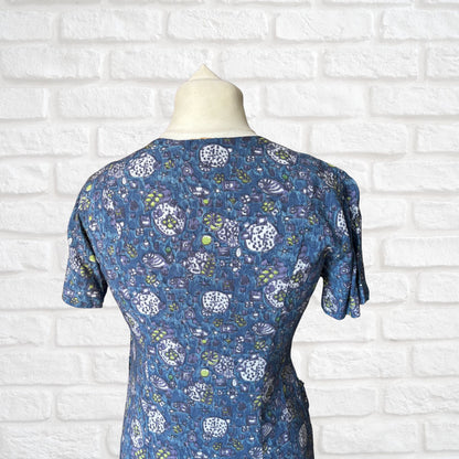 1950s French Vintage Blue Cotton Abstract Print Dress. Approx UK 12/ small 14