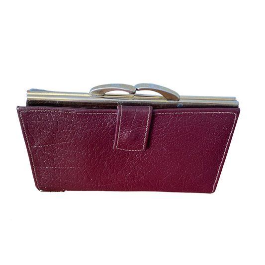 Burgundy leather clasp top purse/wallet with two compartments for notes and cards