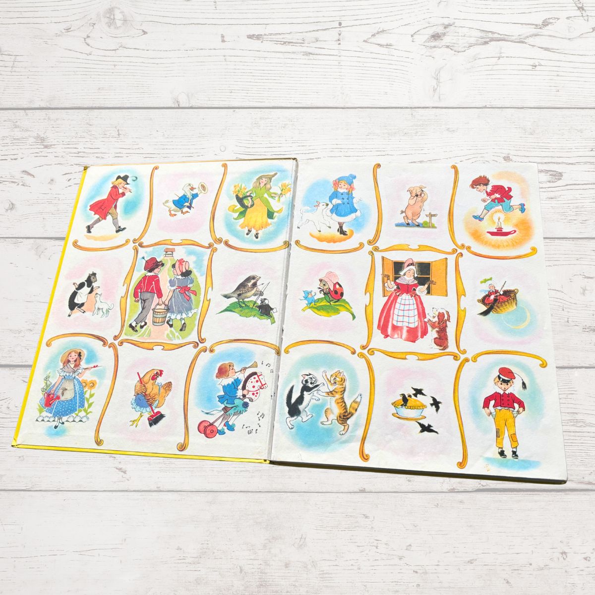 Open book with illustrated pages on a wooden surface