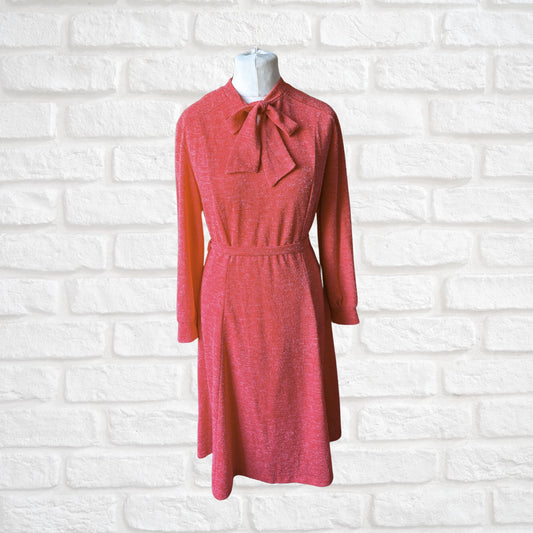 70s Vintage Coral Pink Midi Dress with Bow Neckline and Matching Belt .Approx UK size 16-18