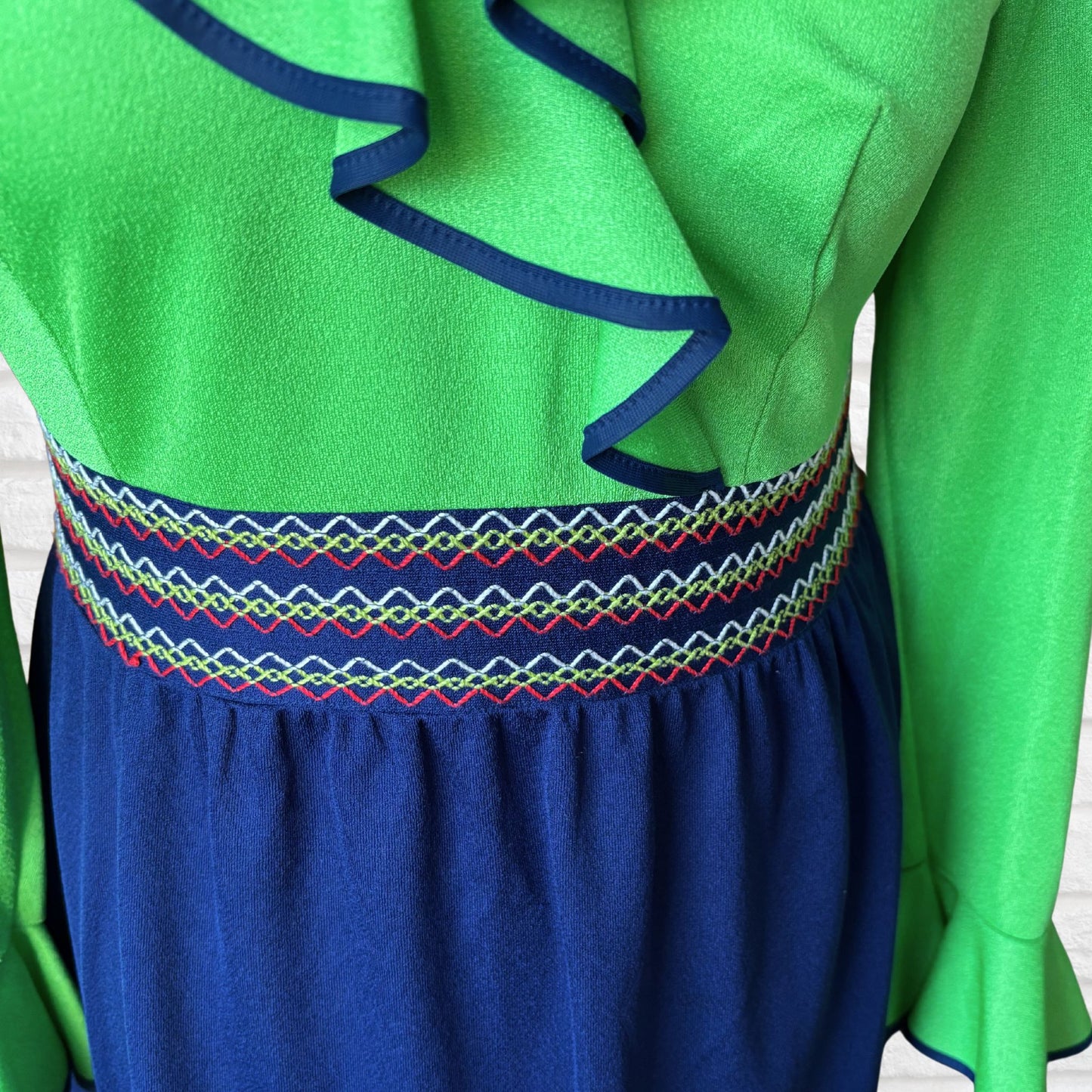 Stunning 1970s Vintage St. Michael Maxi Dress. Green & Navy Blue with Ruffle Bodice. Approx UK size 10