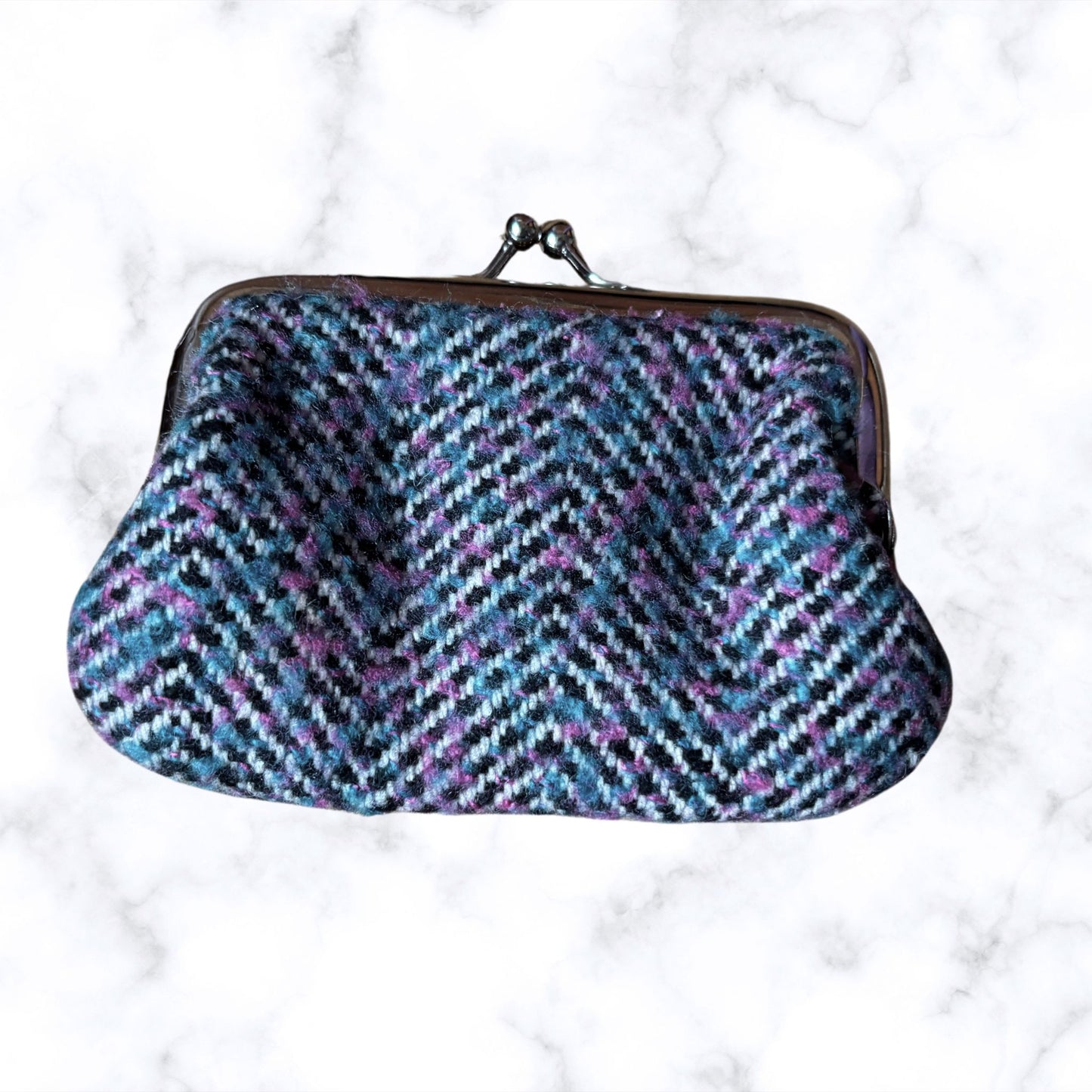 Vintage White, Black, Purple and Blue Herringbone Wool Coin Purse