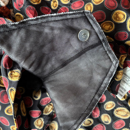 Vintage 80s Black Peplum Dress with Red & Gold Lozenge Print by Liz Roberts. Approx UK Size 16-18