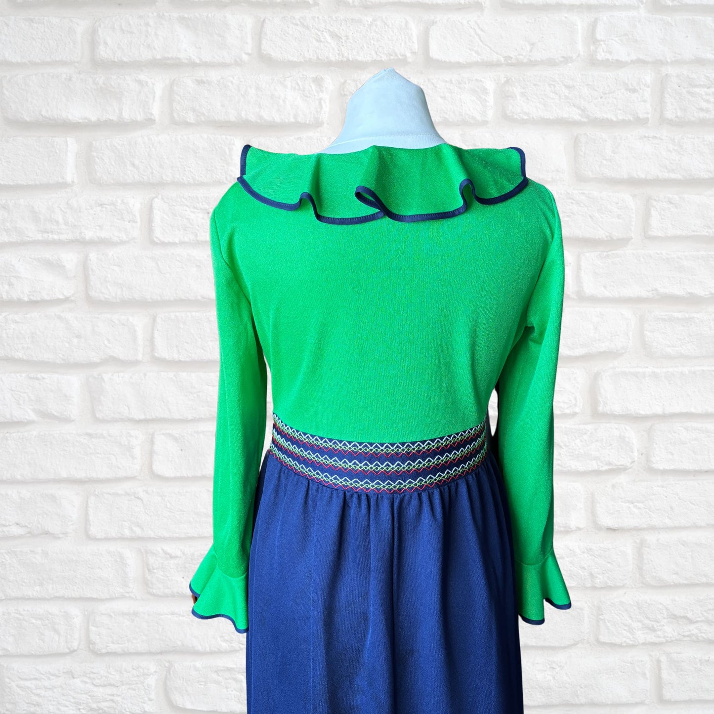 Stunning 1970s Vintage St. Michael Maxi Dress. Green & Navy Blue with Ruffle Bodice. Approx UK size 10