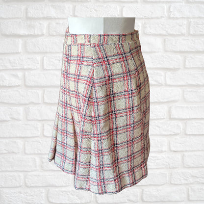 Vintage Cream, Red & Blue Tartan Mini Skater Skirt with Front Pleats. Approx UK size 8-10