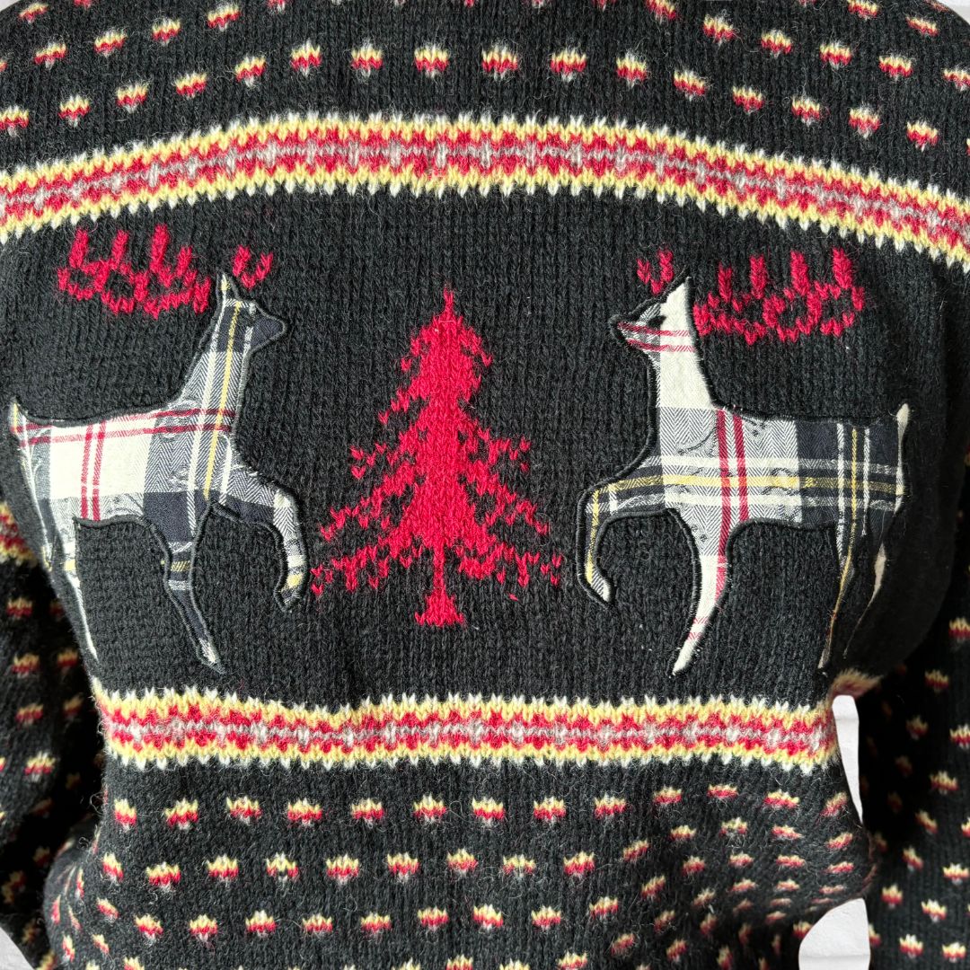 Vintage 80s Christmas Jumper by Susan Bristol – Nordic Style with Plaid Reindeer Appliqué. Approx UK size 12-16