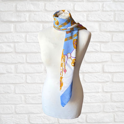 Stylish Blue, White, Gold and Pink Heraldic Style Large Square Vintage Scarf. Great Gift idea