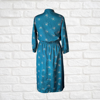 70s Vintage Teal Prairie Midi Dress with Red and Yellow Geometric by Leslie Fay. Approx UK size 14-16