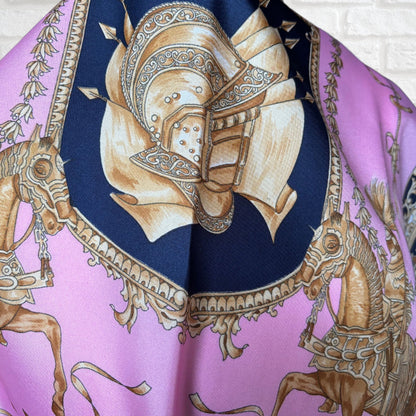Pink, Navy Blue and Gold Heraldic Style Large Square Vintage Scarf. Great Gift idea