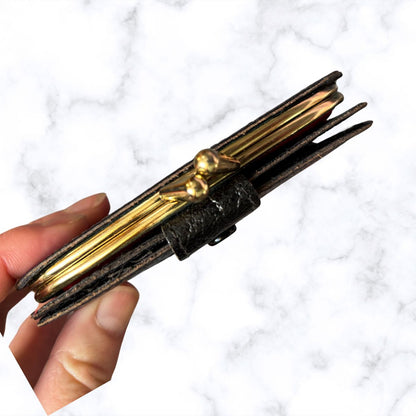 Vintage Textured Black Leather Clasp Top Purse/Wallet with Blue Tartan Insert  - Stylish and Practical