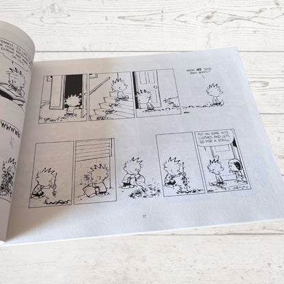 Open book with comic strip pages on a wooden surface