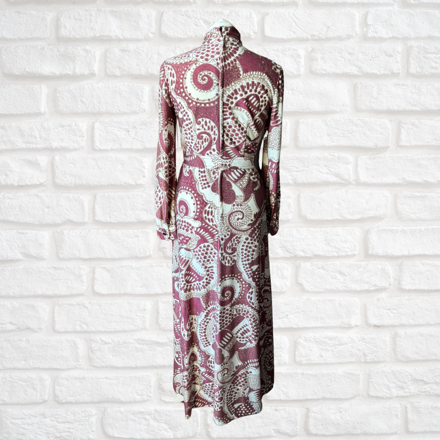 Vintage 70s Long-Sleeved Maxi Dress in Cream, Burgundy & Brown Abstract Print with Matching Belt . Approx UK size 8-10