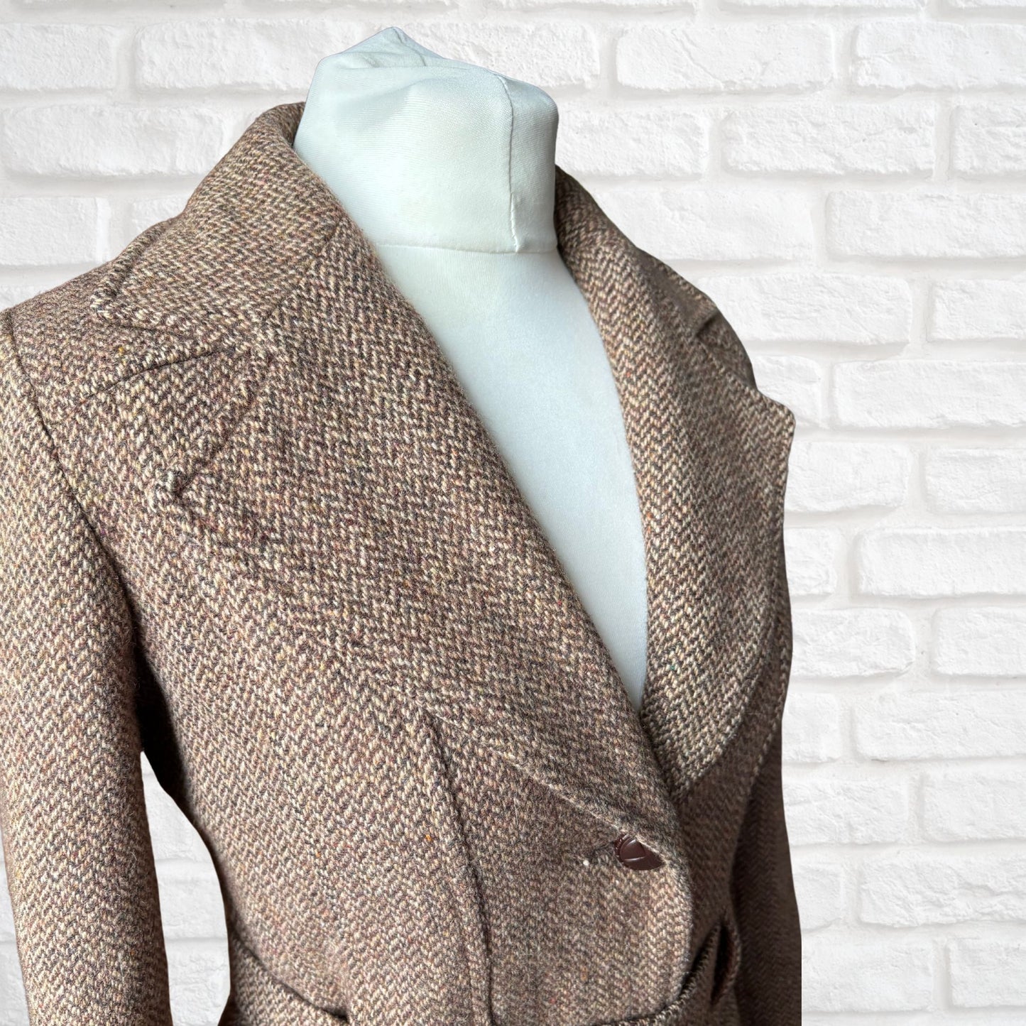 Vintage 70s Wool Tweed Belted Riding Jacket with Corduroy Elbow Patches. Approx UK size 8-10