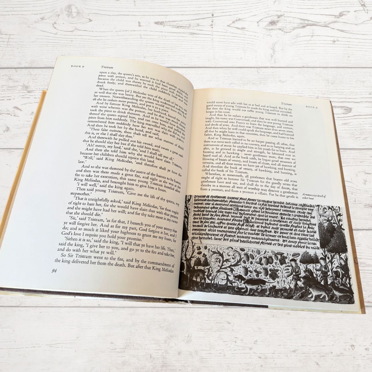 Open book with text and illustrations on a wooden surface