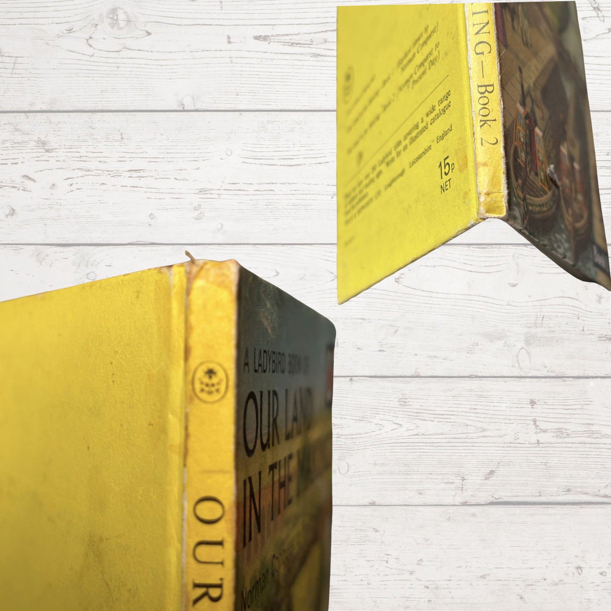 Yellow book titled 'Our Land in the Making' on a light wooden surface