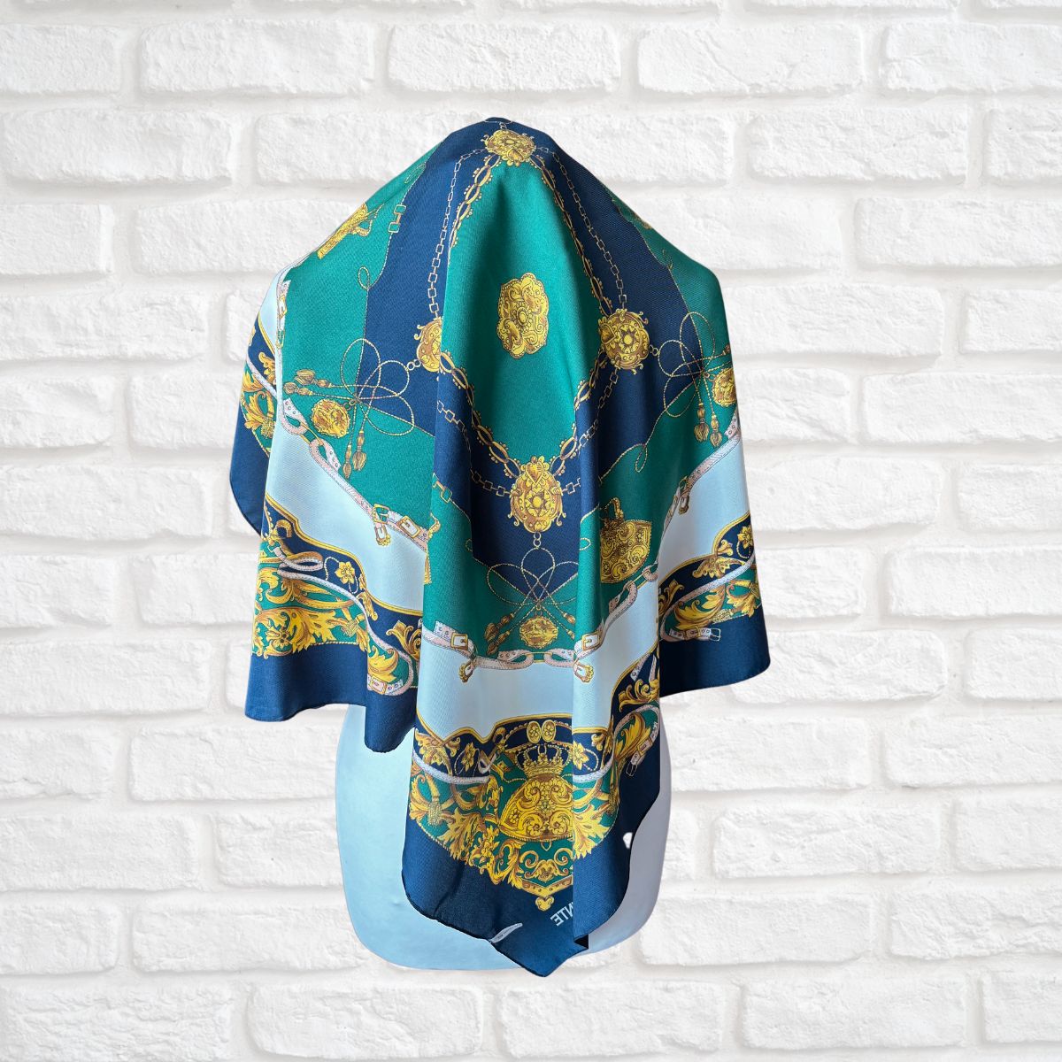 Stylish Blue, White, Gold and Green Equestrian Style Square Vintage Scarf. Great Gift idea