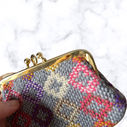 Vintage Grey, Purple, White and Pink Small Wool Tapestry Coin Purse