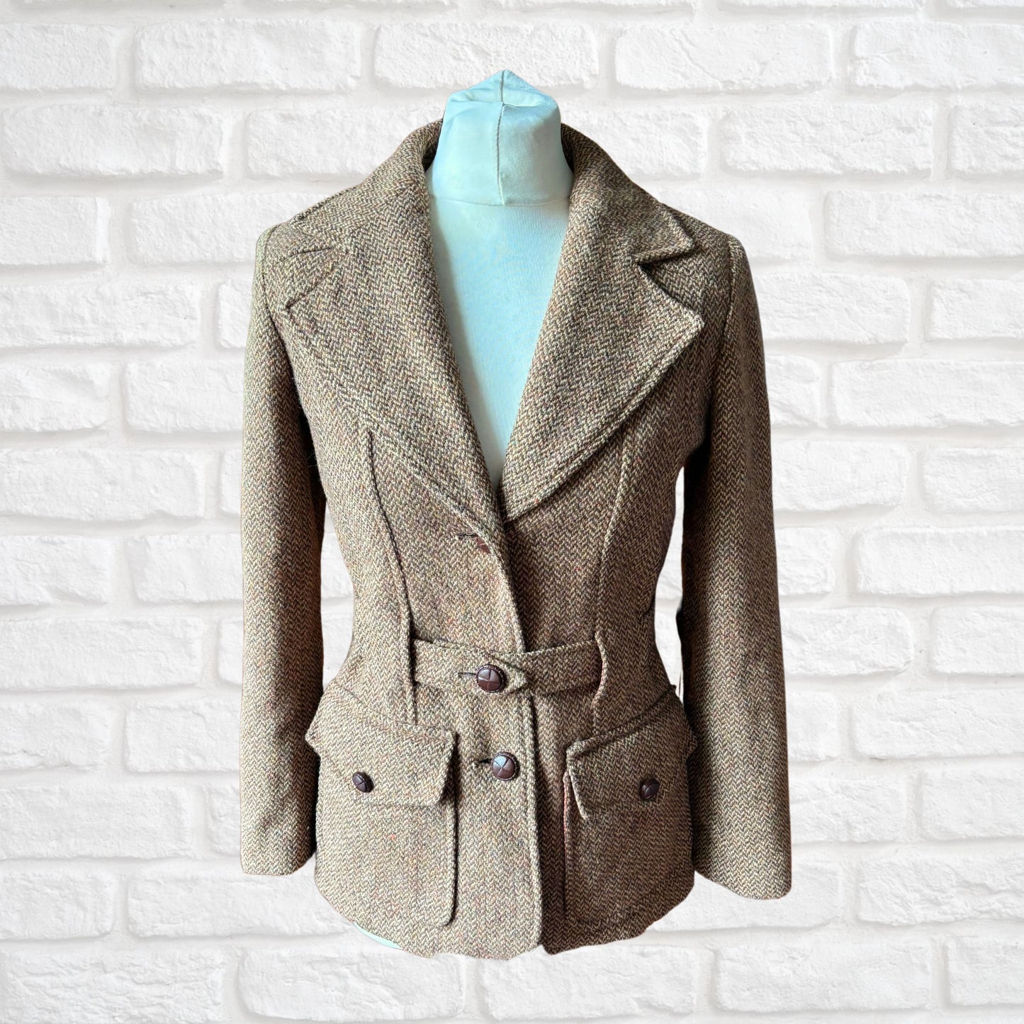 Vintage 70s Wool Tweed Belted Riding Jacket with Corduroy Elbow Patches. Approx UK size 8-10