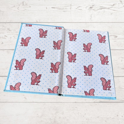 Open book with pink squirrel pattern  on a light blue background 