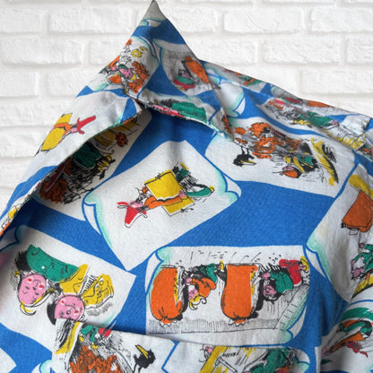 70s Blue Cartoon Novelty Print Vintage Cotton Shirt. Approx UK size M (men) 14-16( women )