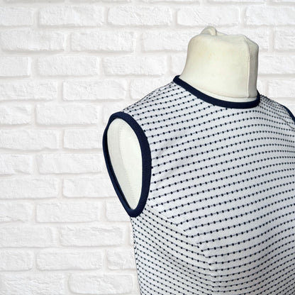 1960s Mod Style Navy Blue & White Sleeveless Vintage Scooter Dress. Approx UK size 10-12