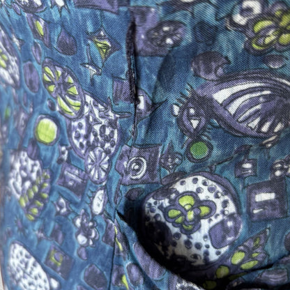 1950s French Vintage Blue Cotton Abstract Print Dress. Approx UK 12/ small 14