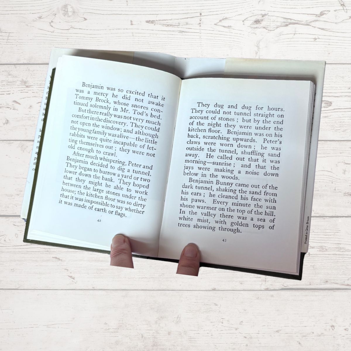 Open book with text held by a hand on a light wooden surface