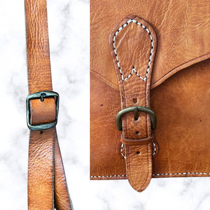 Classic Vintage Large Tan Leather Unisex Satchel with Buckle Front