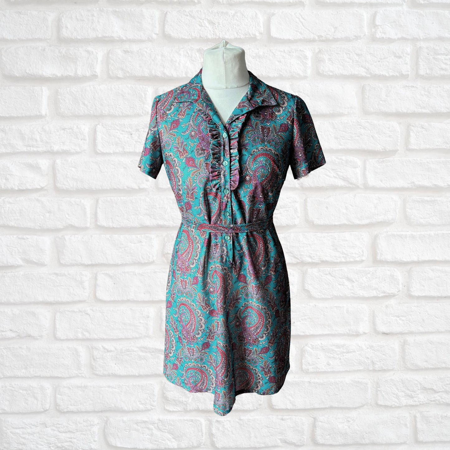 Vintage 70s Teal & Purple Paisley A-Line Mini Dress with Matching Belt. Approx UK size 14