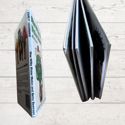 Children's book with colorful illustrations on a wooden surface