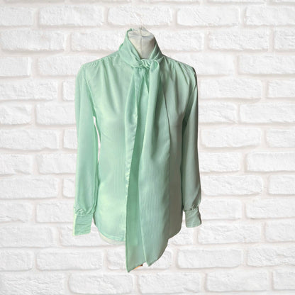 Pale Green Silky 80s Vintage Secretary Blouse with Tie Detail. Approx UK size 8-10