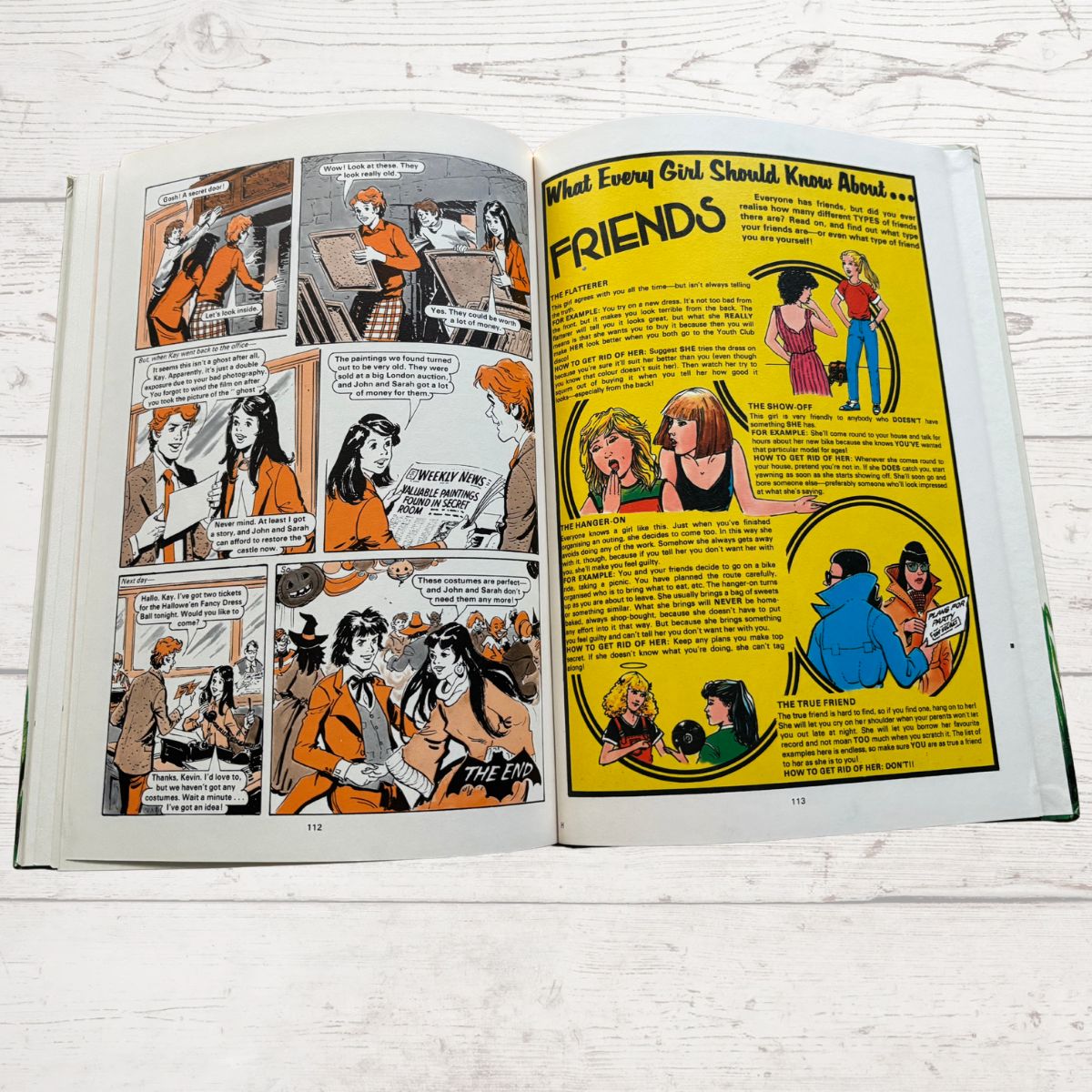 Vintage 1986 Mandy for Girls annual comic story and article about friends on a white background 