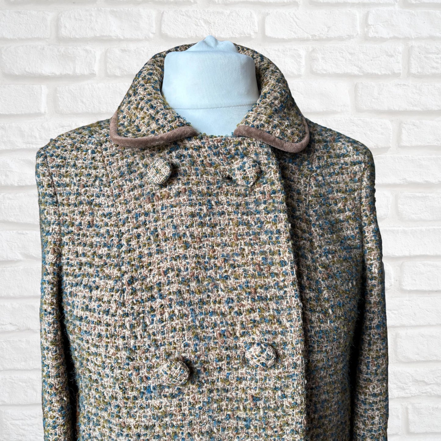 Vintage 60s Teal Green and Brown Wool Boucle Jacket with Velvet Trim. Approx UK size 14-16