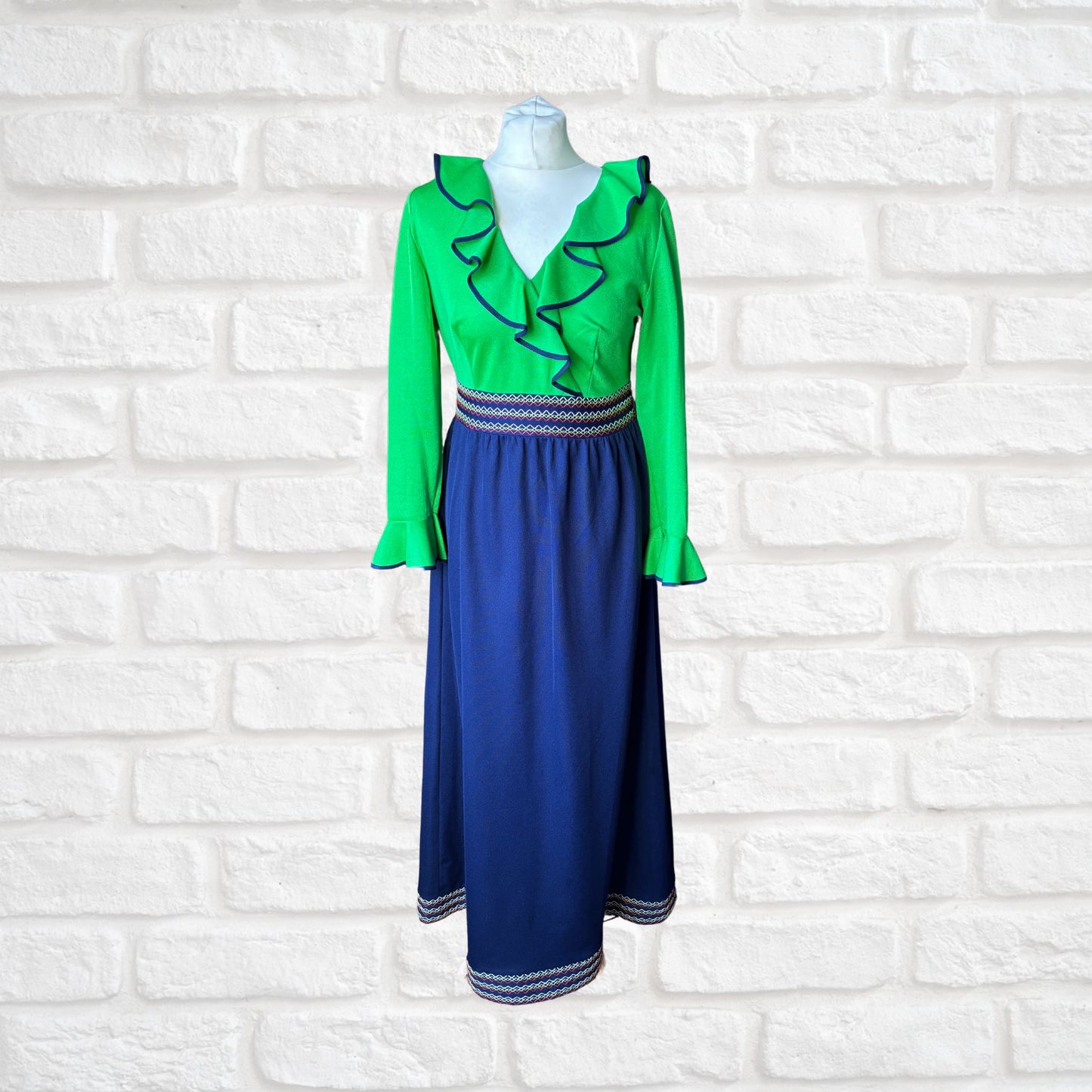 Stunning 1970s Vintage St. Michael Maxi Dress. Green & Navy Blue with Ruffle Bodice. Approx UK size 10