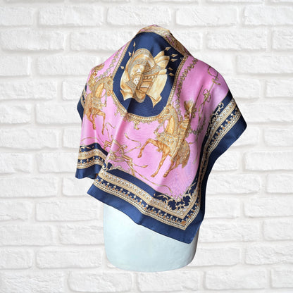 Pink, Navy Blue and Gold Heraldic Style Large Square Vintage Scarf. Great Gift idea