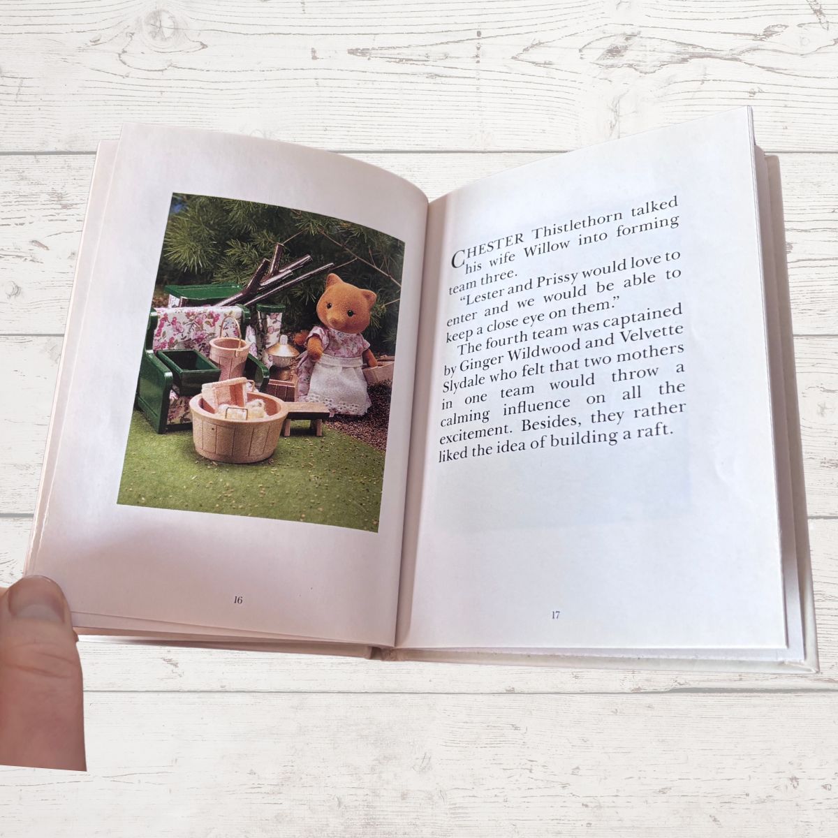 Open book with a picture of a teddy bear and text on a wooden surface