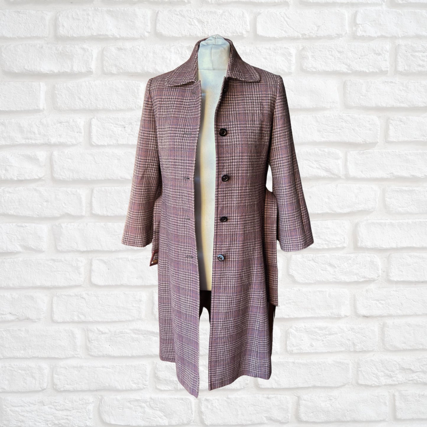 Vintage Wool Blend Trench Coat - Brown, Blue & White Checked Pattern with Matching Belt . Approx UK size 8-10