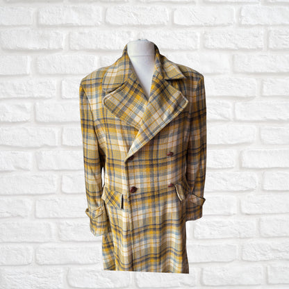 Vintage 1990s Gold and Grey Checked Maxi Length Wool Coat. Approx UK size 16-18 (w) Large (m)