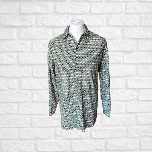 Vintage 1970s Green, Black and White Geometric Print Cotton Shirt. Approx UK size L-XL )men ) 18-22( women)