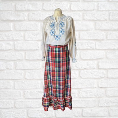 1970s Red, White, Blue and Green Checked Vintage Maxi Skirt . Approx UK size 8-10