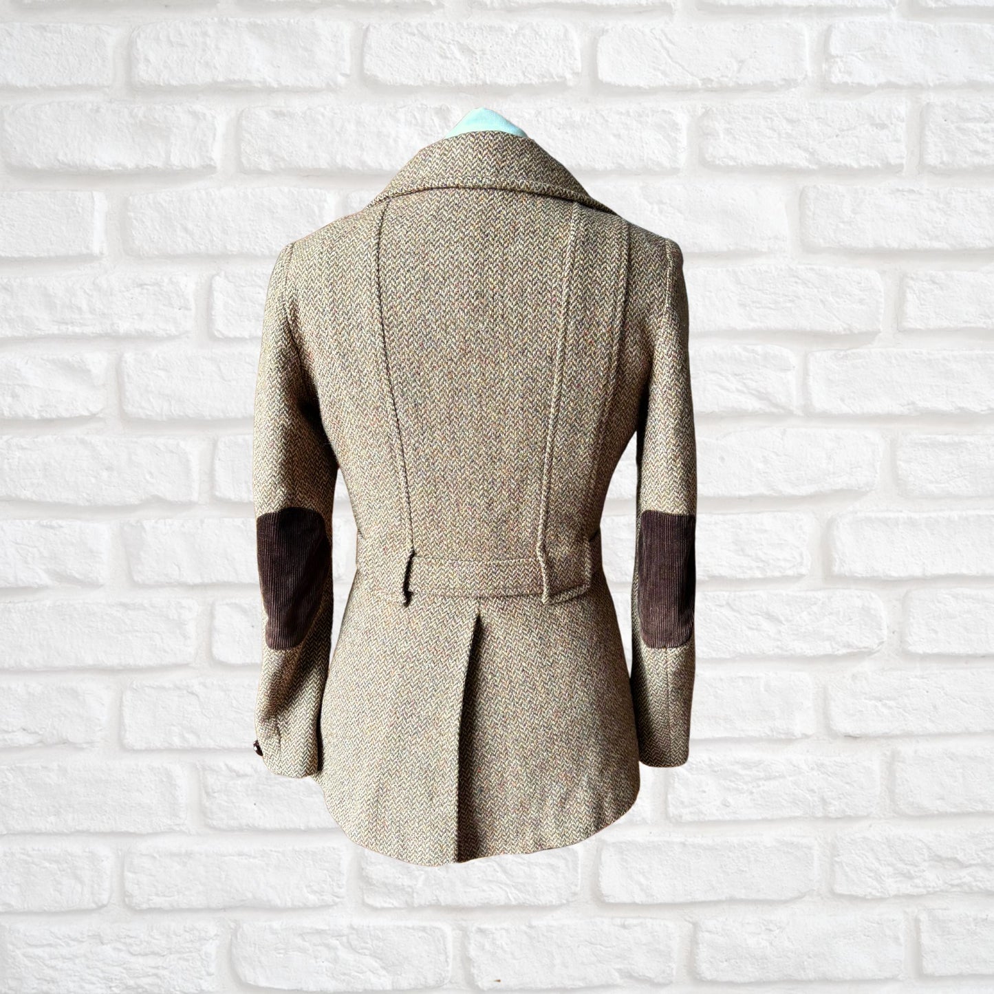 Vintage 70s Wool Tweed Belted Riding Jacket with Corduroy Elbow Patches. Approx UK size 8-10