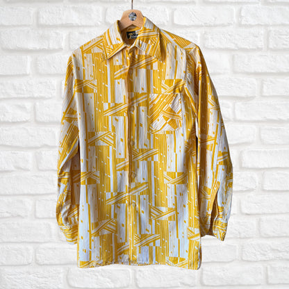 70s Geometric Print Long Sleeved Cotton Slim Fit Vintage Shirt. Approx UK size S (men) 10 (women)